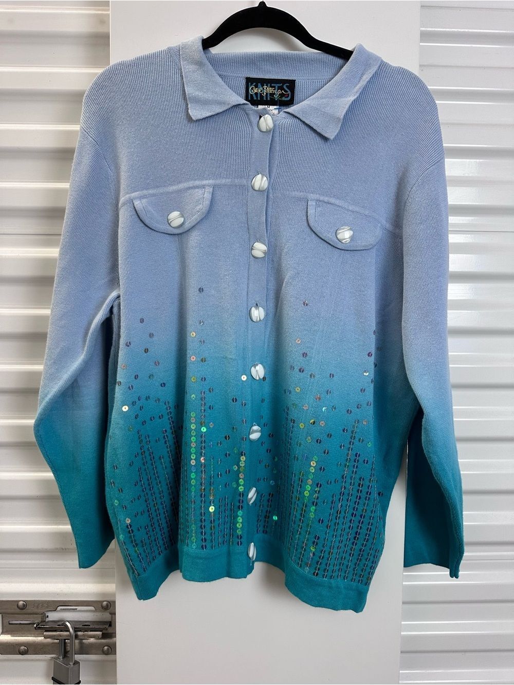 Carol Patterson Knits blue ombré sweater embellished with sparkling sequins